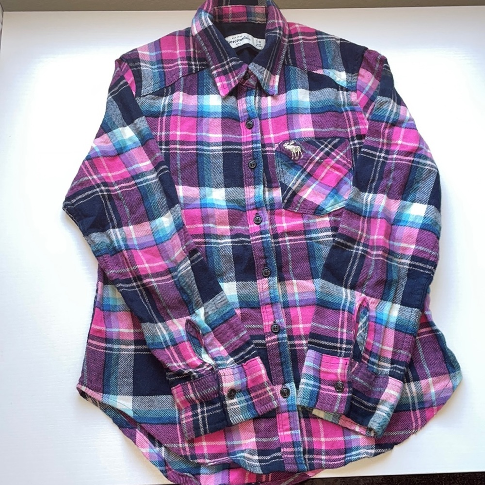 Pink and blue plaid girls button down top